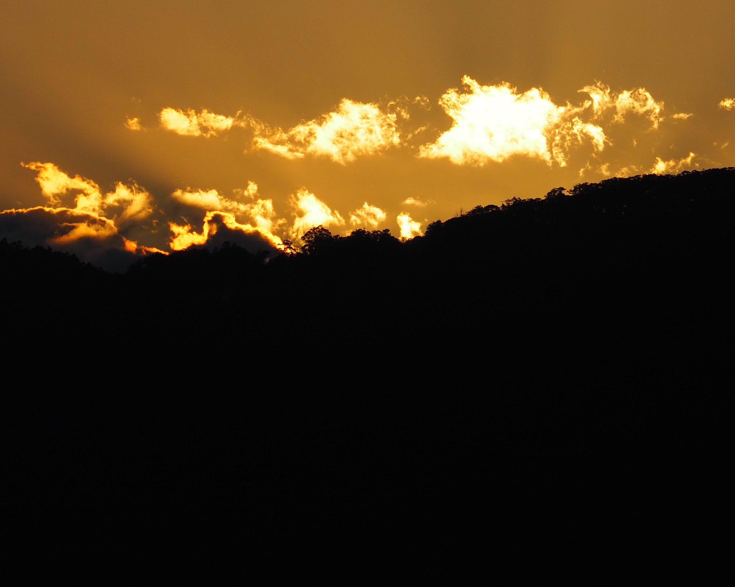 wispy clouds illumined by sun that hasn't risen yet above a dark hill